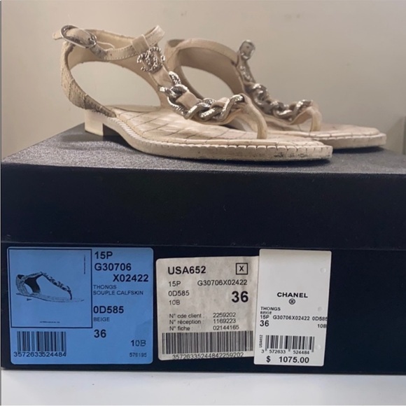 CHANEL Tan Sandals with Silver Chain Detail - Picture 3 of 3